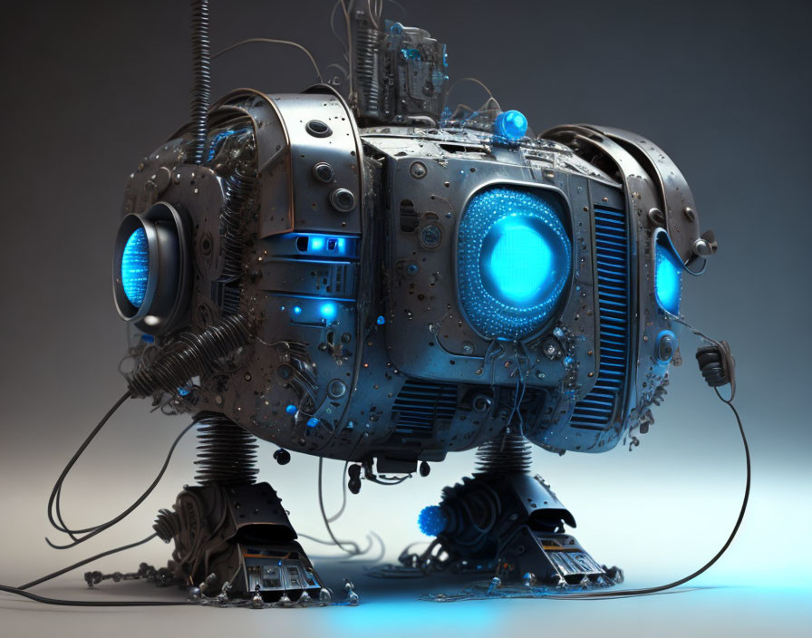 Detailed 3D rendering: futuristic robot with glowing blue lights, intricate circuitry, metallic body,