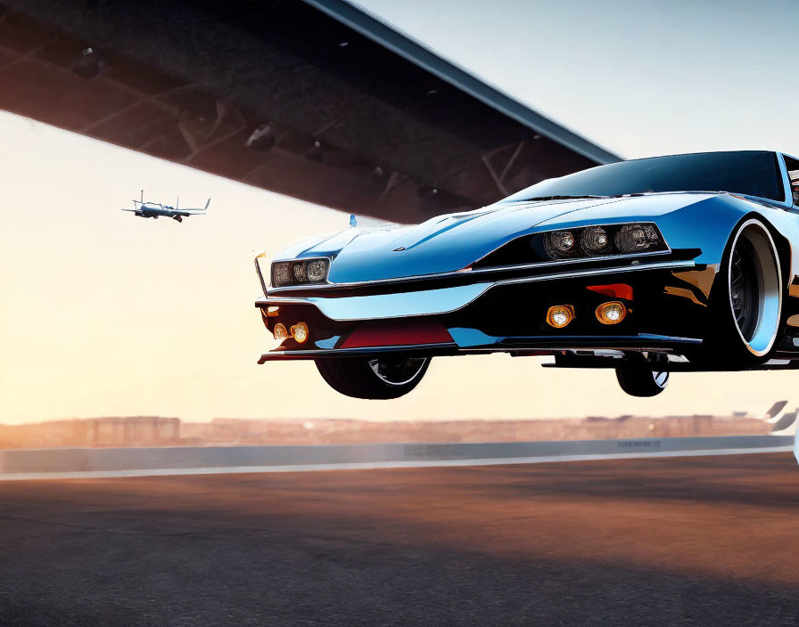 Modified car with custom paintwork leaping near airplane in clear dusk sky