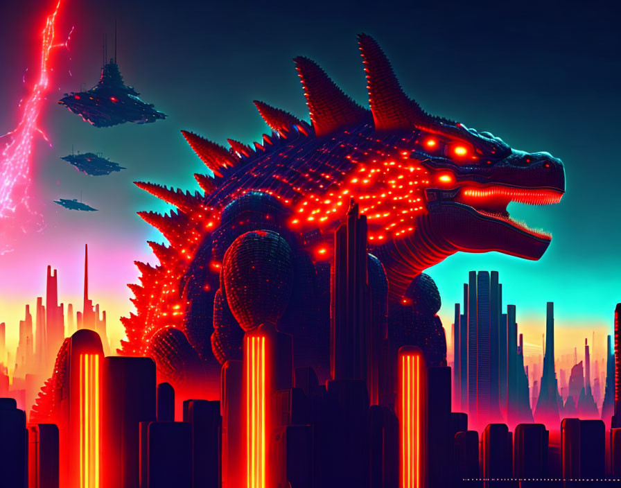 Neon-lit cyber-dragon in futuristic cityscape with flying ships