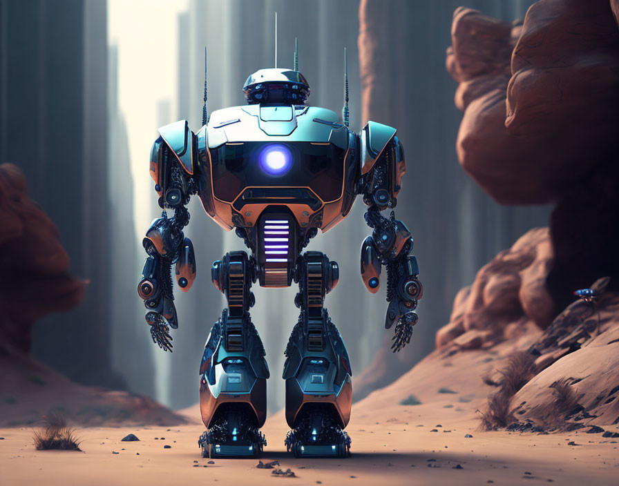 Blue and Orange Armored Futuristic Robot in Desert Setting