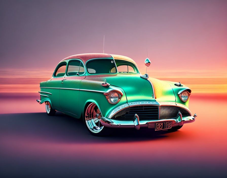 Vintage Car with Teal Finish and Chrome Details on Pink and Purple Gradient Background