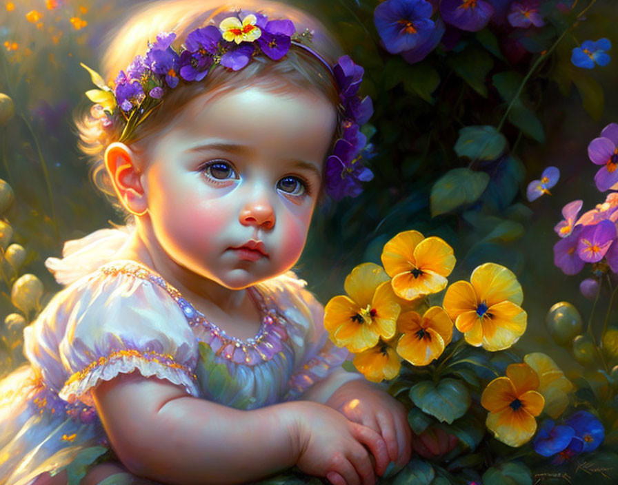 Portrait of young child with floral headband among yellow flowers in soft light