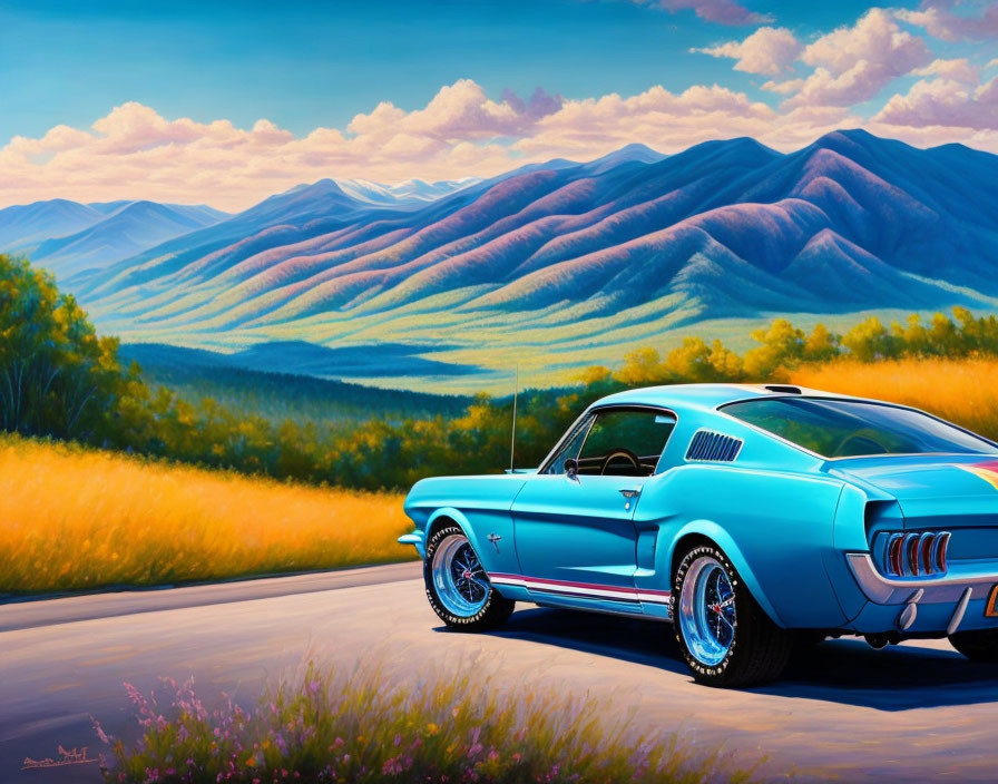 Vintage blue muscle car parked near vibrant yellow wildflowers and mountains under clear sky