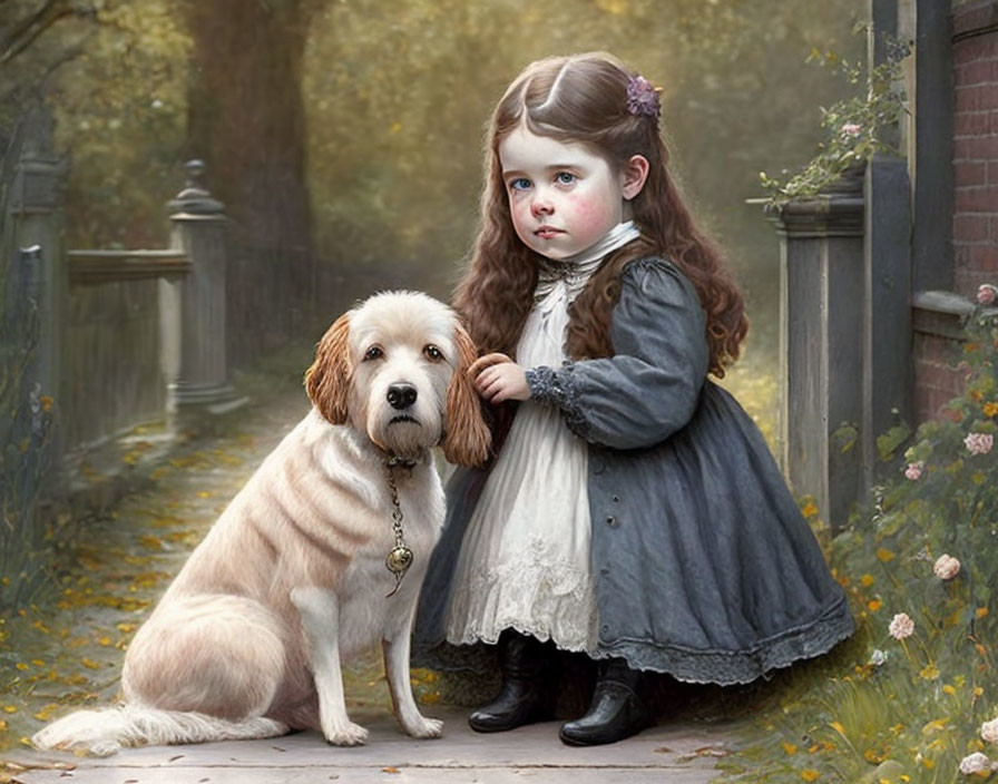 Young girl in vintage dress with fluffy dog in serene garden setting