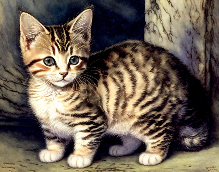 Striped Kitten with Prominent Eyes in Brown, Black, and White Fur