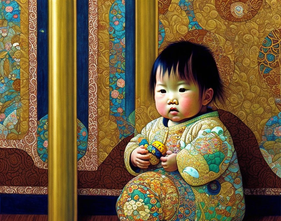 Portrait of Young Child in Kimono Holding Toy with Ornate Backgrounds