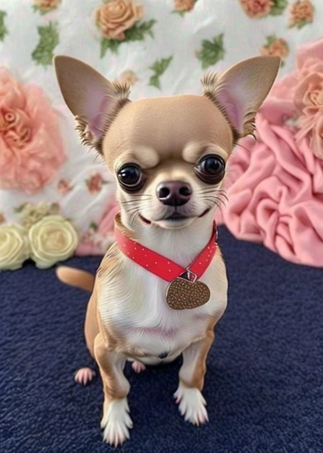 Small Chihuahua with red collar on floral background.