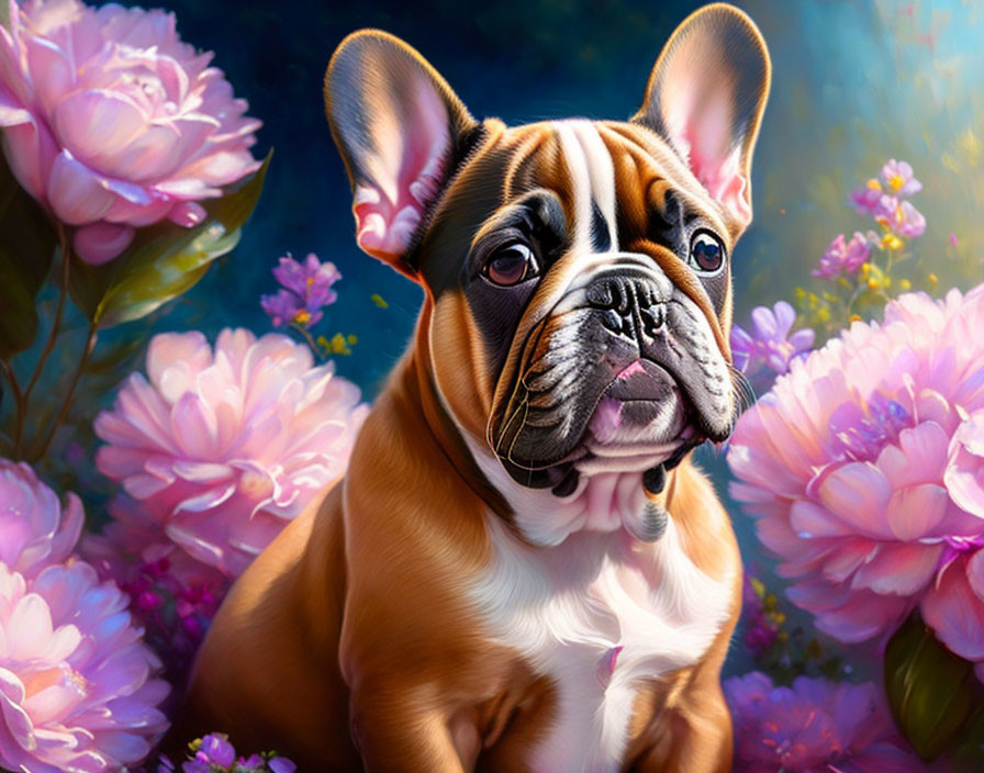 Brown and White French Bulldog in Front of Pink Flowers and Blue Background