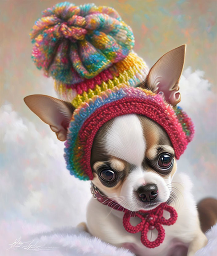 Colorful Knitted Hat and Scarf on Chihuahua with Big Eyes