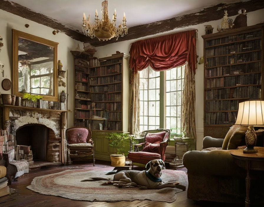 Vintage Library Room with Dog, Bookshelves, Window, Lamp