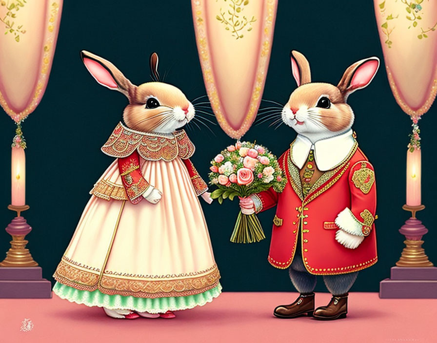 Anthropomorphic rabbits in vintage wedding attire on teal backdrop.