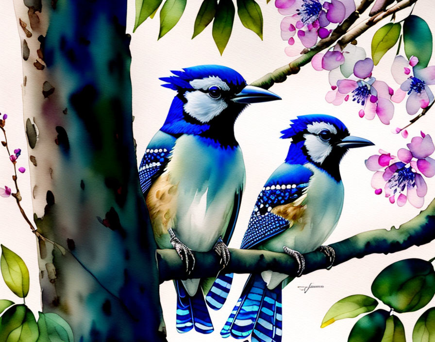 Two vibrant blue jays perched on branch with pink flowers and green leaves