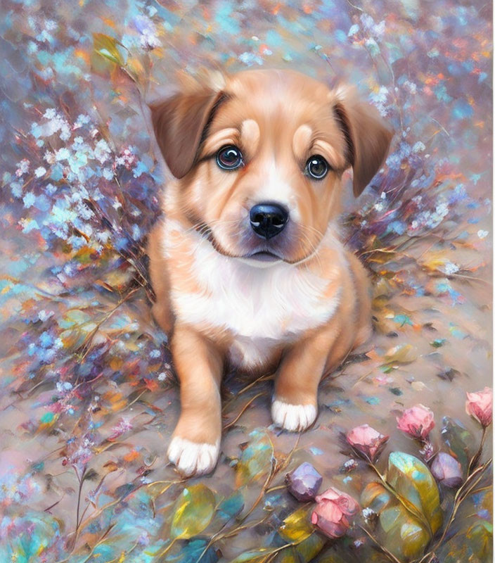 Brown and White Puppy Surrounded by Colorful Flowers and Leaves on Dreamy Background