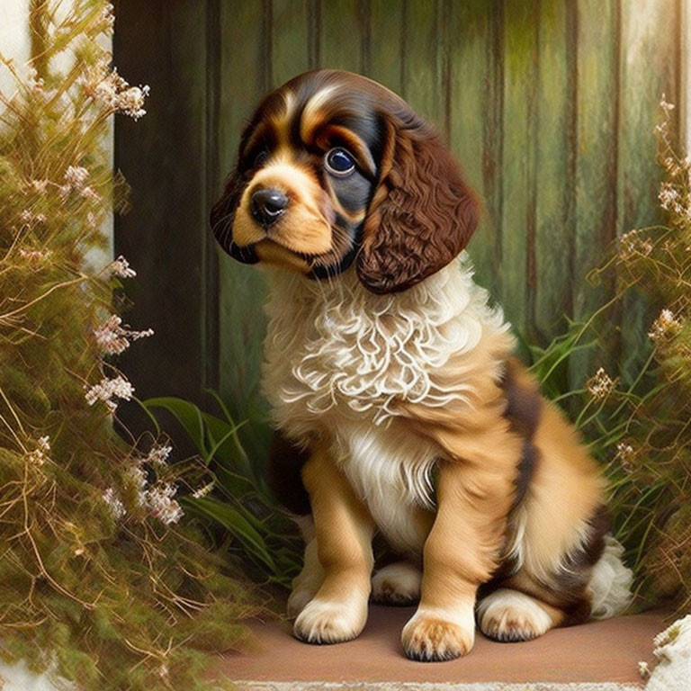 Brown and Black Cavalier King Charles Spaniel Puppy with Soulful Eyes Beside Dried Plants and