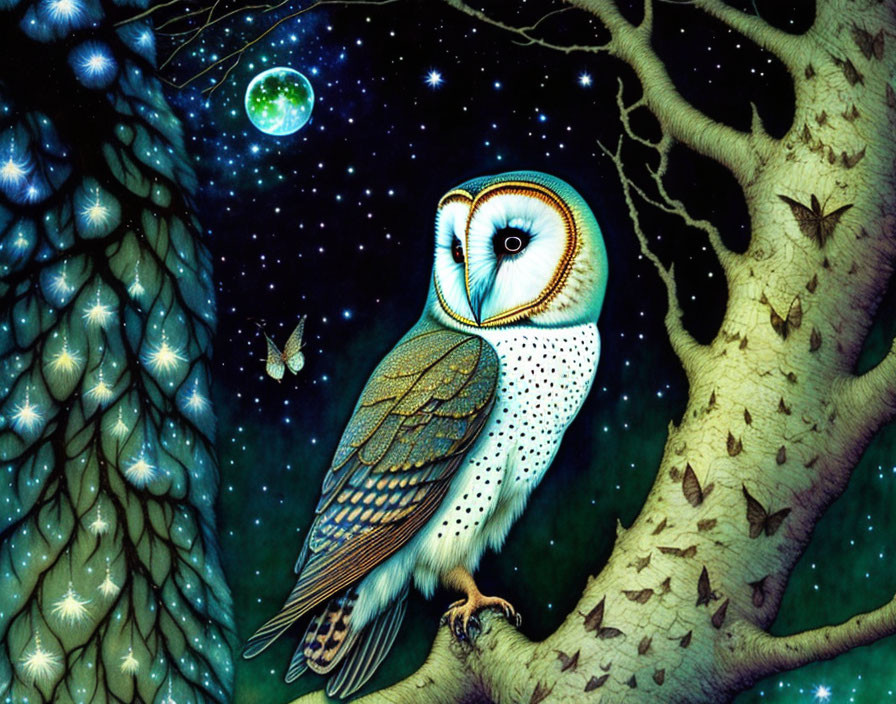 Illustrated owl on tree branch with green moon, stars, butterfly, and starry night sky.