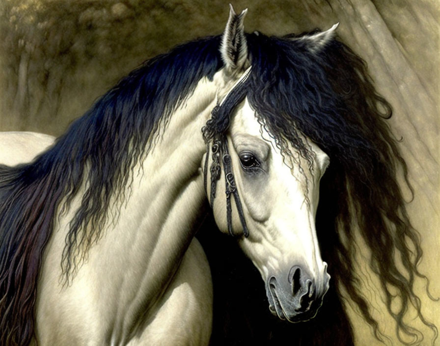 Majestic horse with black mane and white coat against muted background