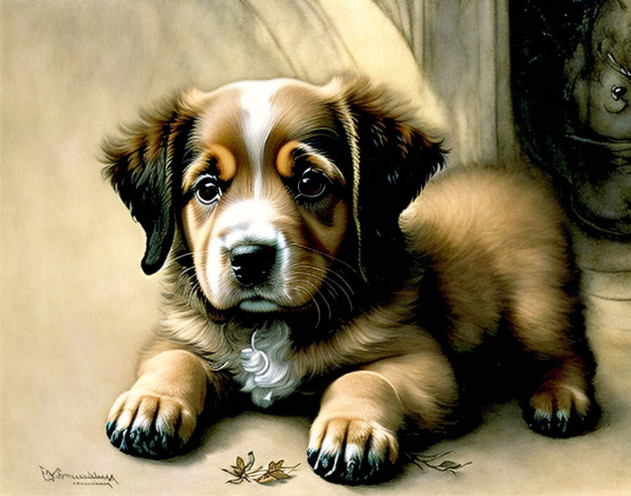 Brown and White Puppy Painting with Sad Eyes and Twig & Leaves