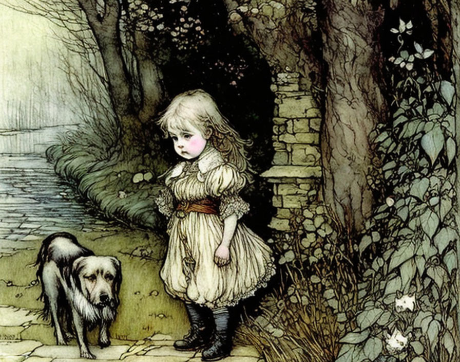 Vintage Illustration: Young Girl with Dog by Vine-Covered Wall