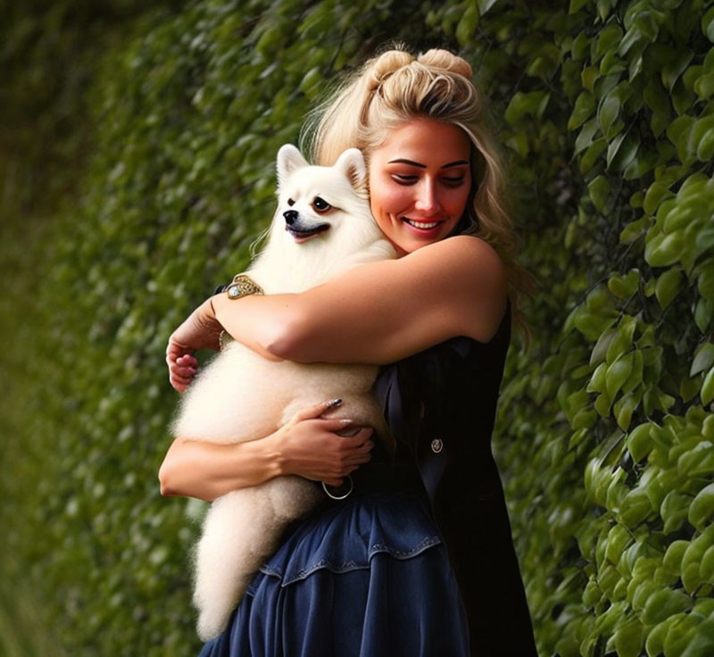 Blonde Woman Embracing White Dog in Green Setting