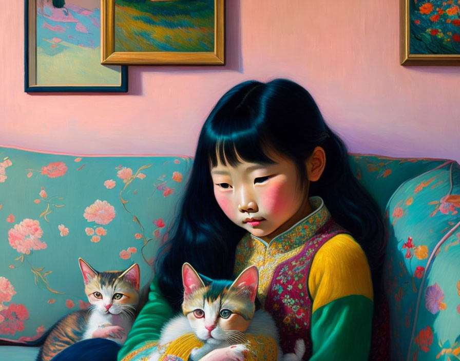 Dark-haired girl on floral couch with kittens in pastel-colored room