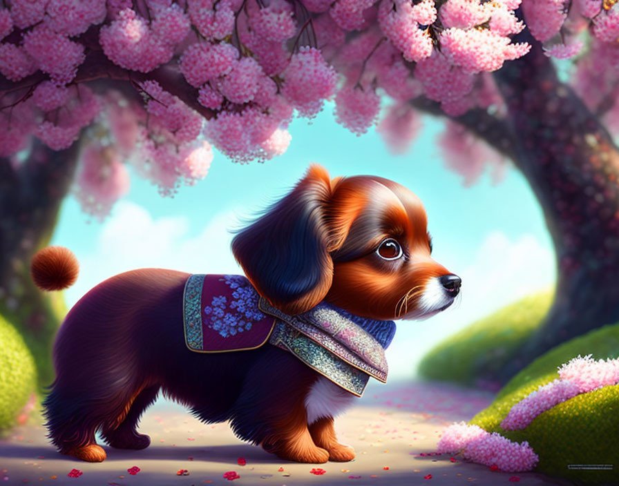 Adorable Puppy in Asian Outfit Among Cherry Blossoms