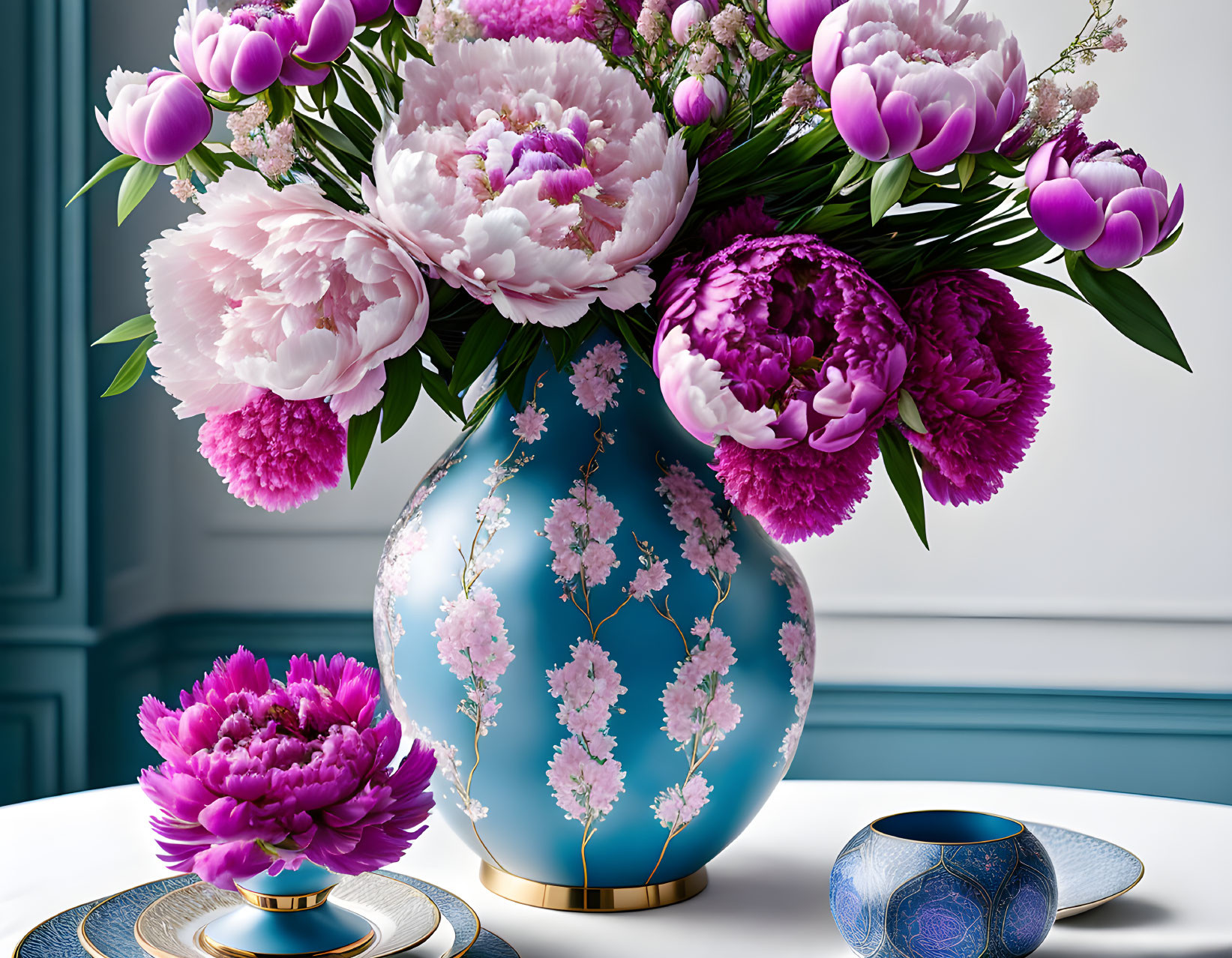 Pink Peonies Bouquet in Blue Vase with Cherry Blossom Design