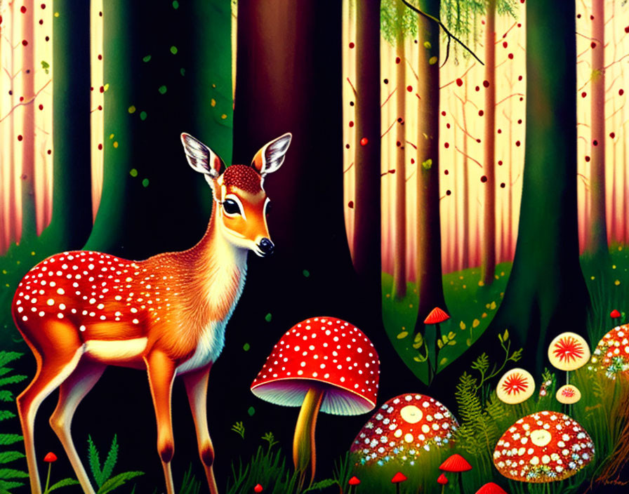 Illustration of young deer in enchanted forest with red-capped mushrooms