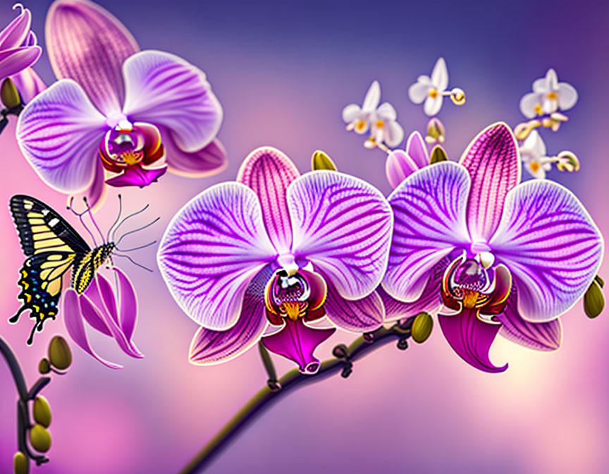 Colorful Orchids and Butterfly on Soft Bokeh Background