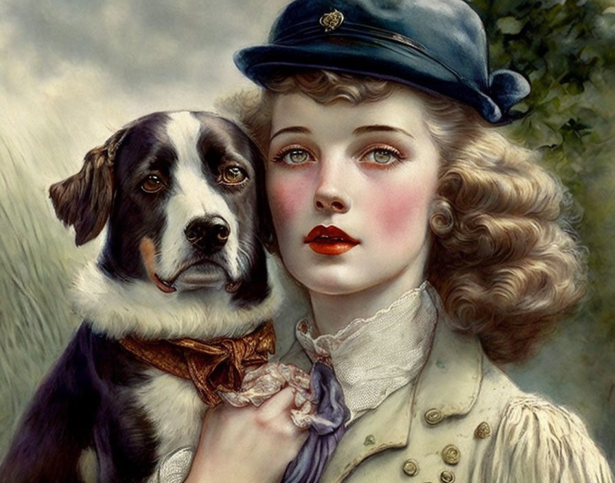 Vintage-style illustration: Woman with curly hair, red lips, hat, black and white dog, foliage