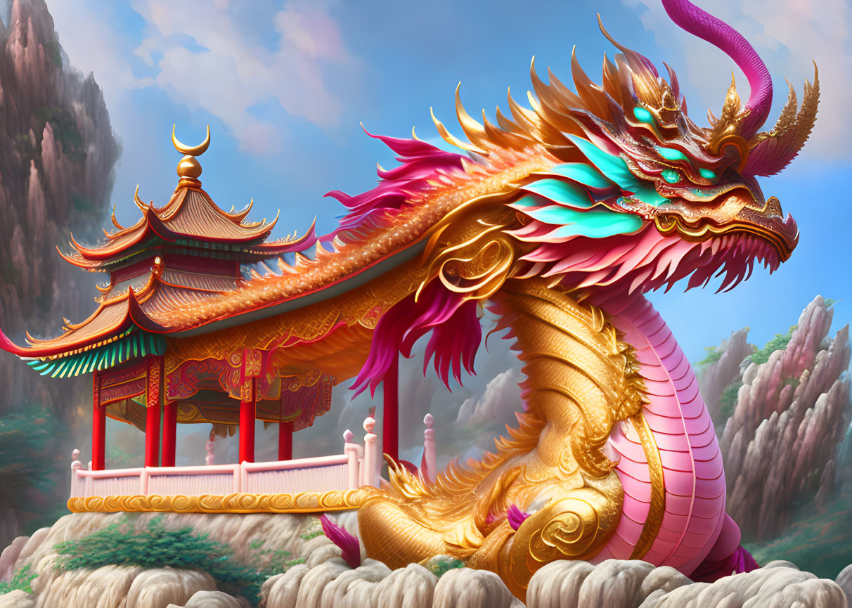 Colorful Dragon Coils Around Chinese Pavilion with Misty Mountain Backdrop