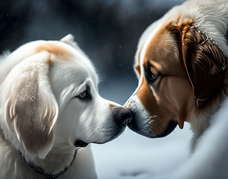 Two dogs nose-to-nose in snowflakes on dark winter background