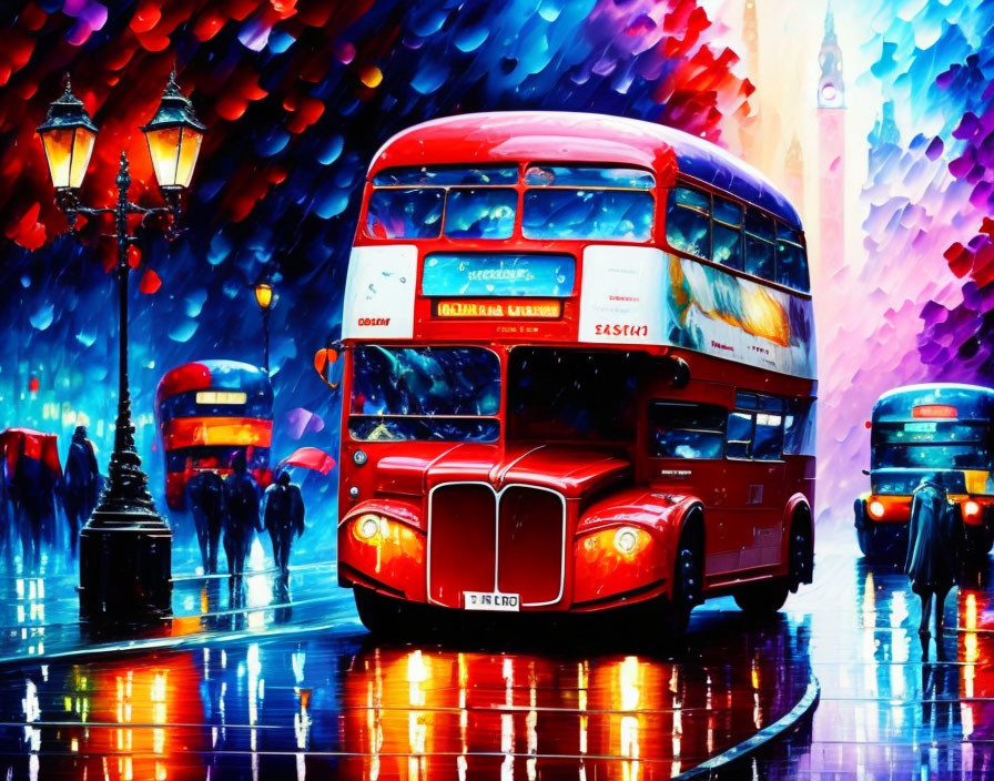 Colorful urban scene with red double-decker bus and umbrella canopy on wet street