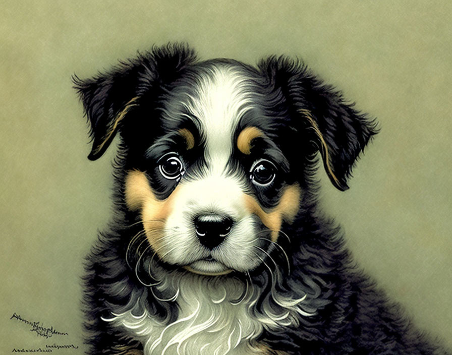 Bernese Mountain Dog Puppy Illustration with Expressive Eyes and Tricolor Fur Pattern