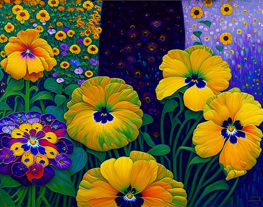 Colorful painting of oversized yellow and purple pansies against a starry night sky and sunflower field