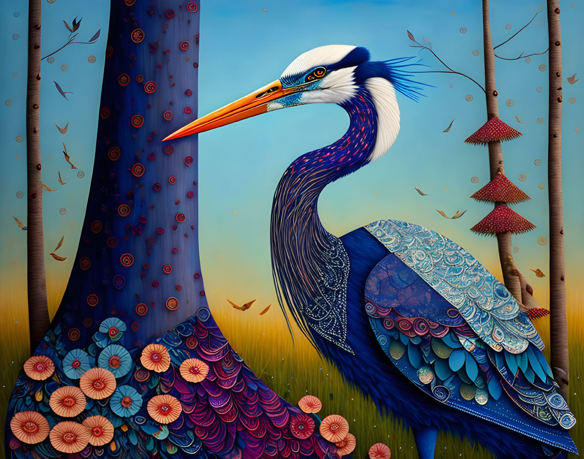 Colorful Heron Illustration with Elaborate Feathers and Whimsical Flora