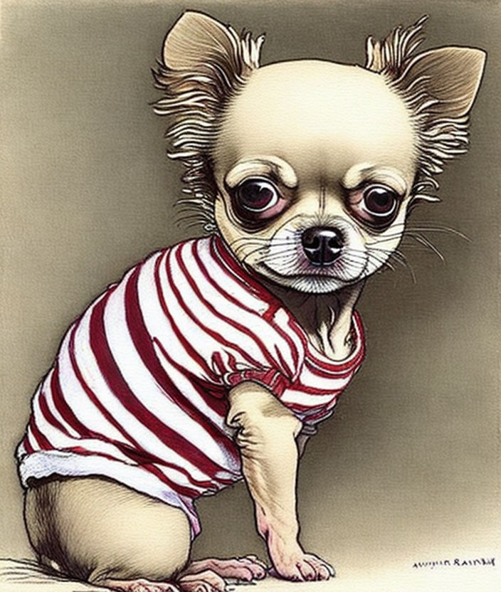 Cartoon chihuahua with big eyes in red-striped shirt and white underwear