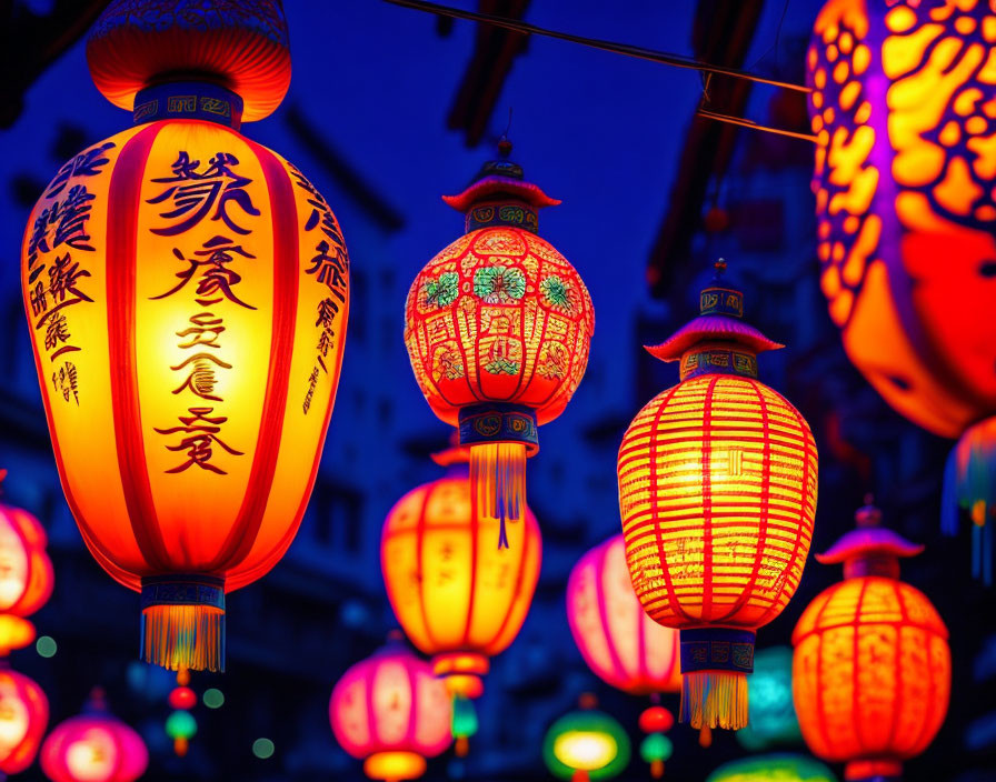 Colorful traditional Chinese lanterns light up night street scene