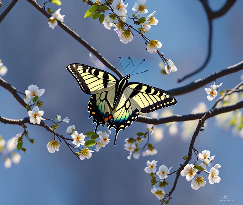 Yellow and Black Butterfly on White Flower Blossoming Branch against Blue Sky