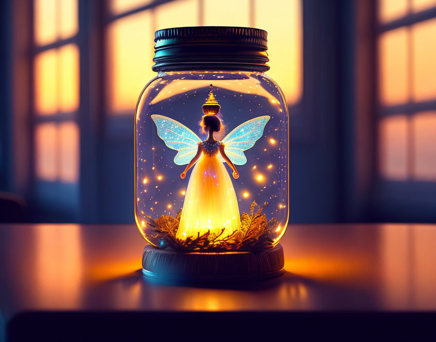 Glowing winged fairy in jar with warm window light at dusk