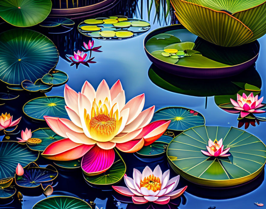 Digital art: Pond with blooming lotus flowers and floating leaves under clear blue sky