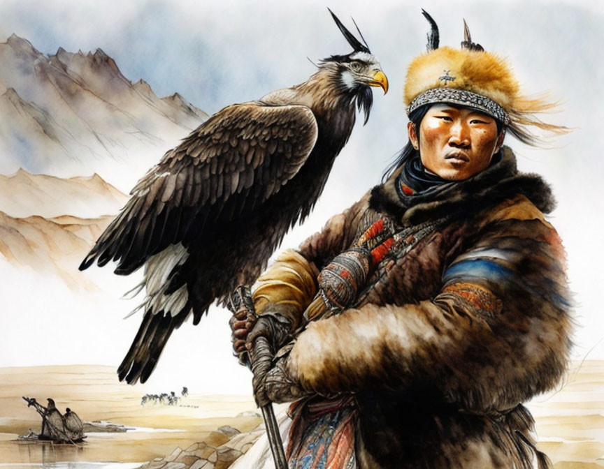 Mongolian Eagle Hunter in Traditional Attire with Bird and Mountains