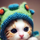 Adorable kitten in green knitted hat with big eyes