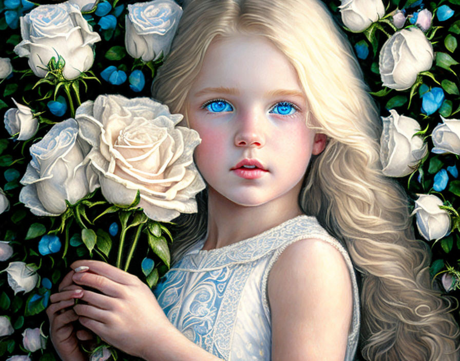 Digital Artwork: Young Girl with Blue Eyes Among White and Blue Roses