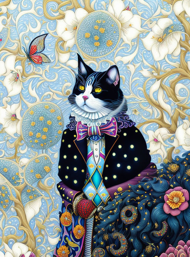 Anthropomorphized cat in colorful suit with cane on floral background