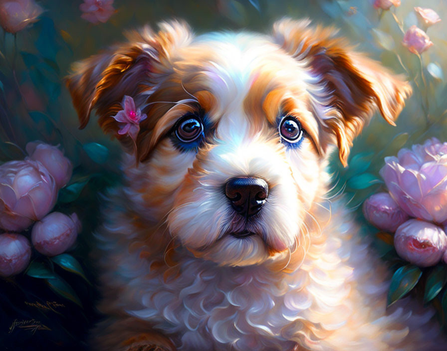 Fluffy Puppy Portrait Among Pink Flowers in Vibrant Colors