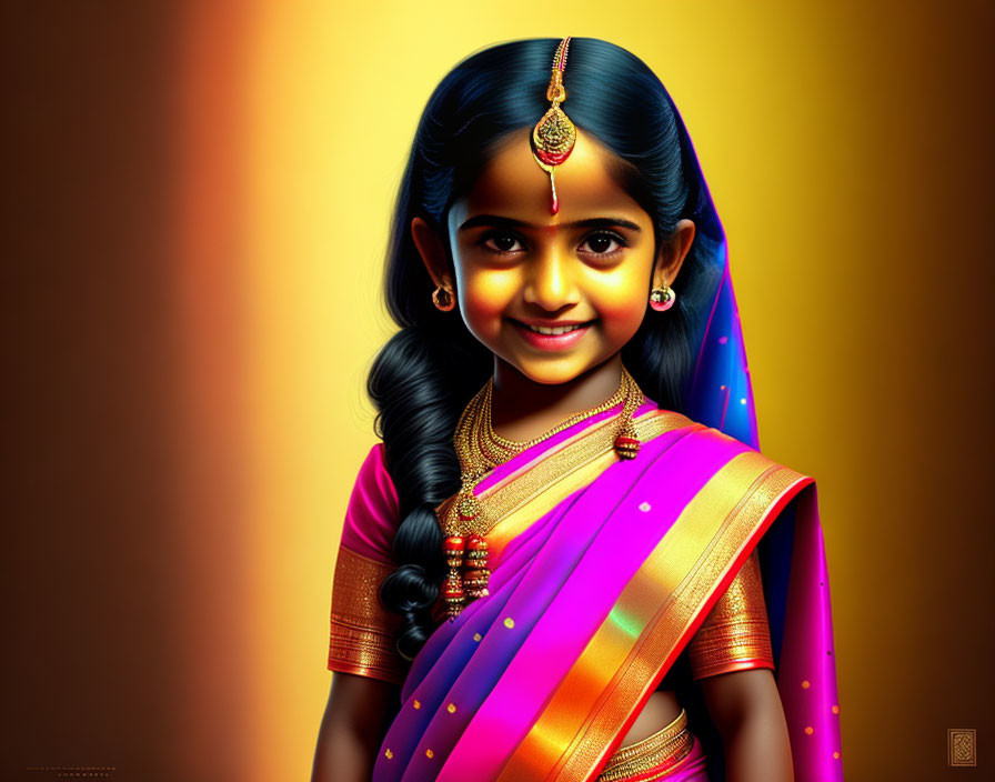 Young girl in traditional Indian attire and jewelry on golden background