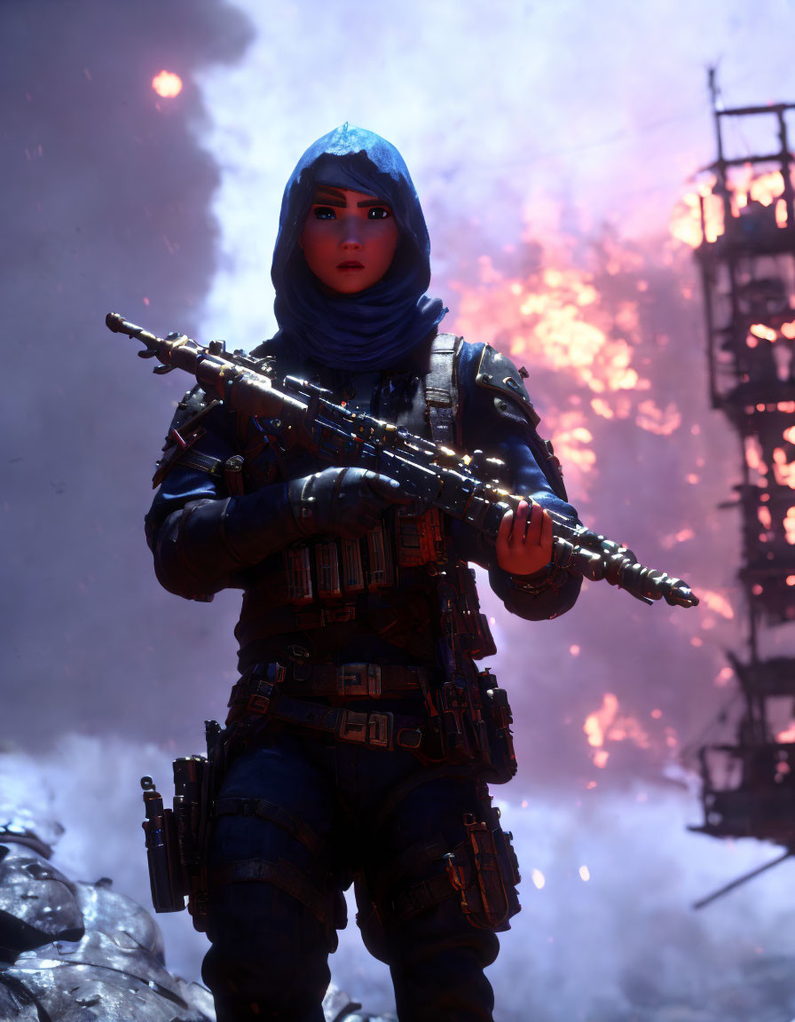 Futuristic soldier in blue headscarf with rifle in explosive setting