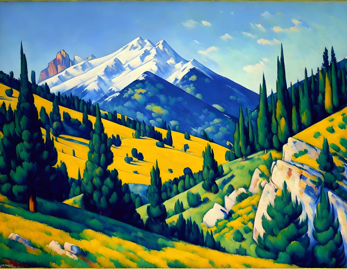 Mountain landscape painting: blue skies, snow-capped peaks, green pines, golden meadows