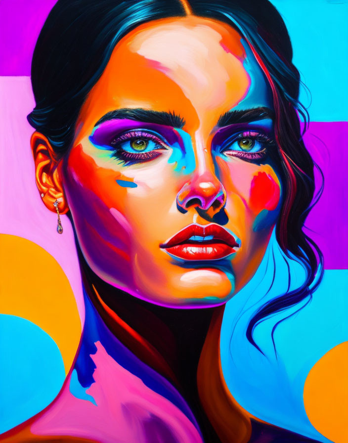 Colorful portrait of a woman with bright paint on her face and blue eyes