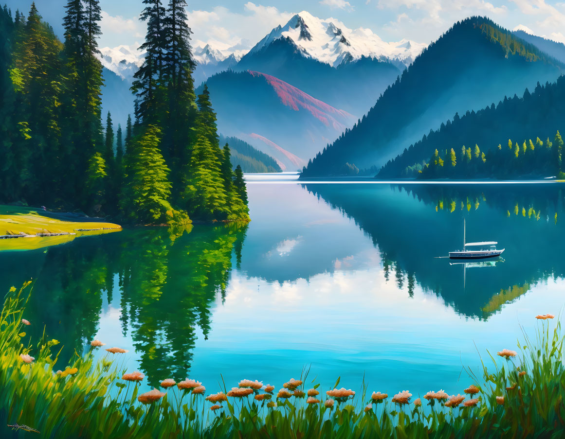 Tranquil lake scene with boat, pine forests, and mountains